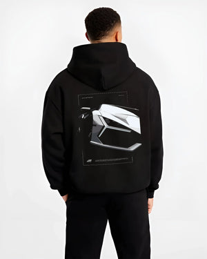 Black hoodie worn by a male model, back view, featuring SKYLINE street racing performance motorsport automotive enthusiast graphic.
