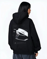 Black hoodie worn by a female model, back view, featuring SKYLINE street racing performance motorsport automotive graphic.