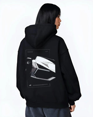 Black hoodie worn by a female model, back view, featuring SKYLINE street racing performance motorsport automotive graphic.