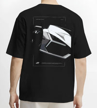 Black T-shirt worn by a male model, back view, featuring SKYLINE street racing performance motorsport automotive enthusiast graphic.