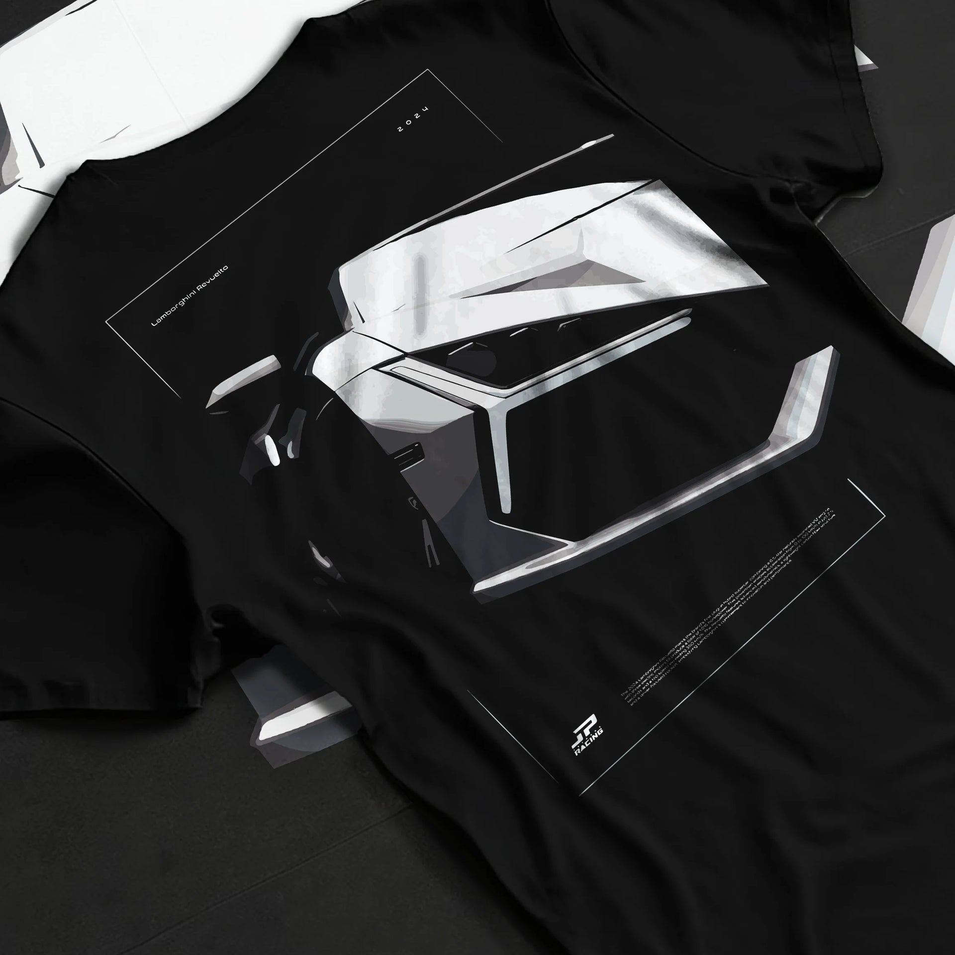 Black T-shirt laid flat with natural fabric folds, featuring SKYLINE street racing performance motorsport automotive graphic.