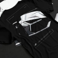 Black T-shirt laid flat with natural fabric folds, featuring SKYLINE street racing performance motorsport automotive graphic.