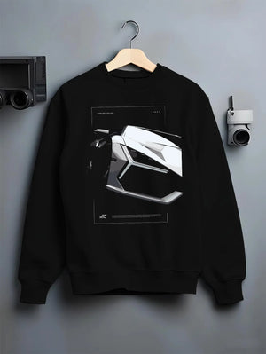 Black crewneck sweatshirt on a hanger against a grey wall, featuring SKYLINE street racing performance motorsport graphic.