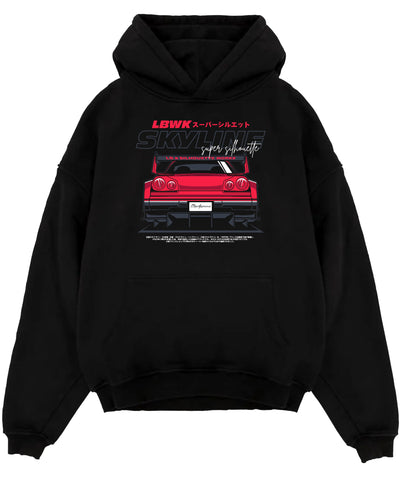Black pullover hoodie laid flat on a white background, featuring NISSAN SKYLINE racing jdm widebody liberty walk street graphic.