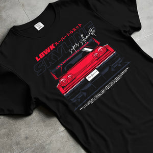 Black T-shirt laid flat with natural fabric folds, featuring NISSAN SKYLINE racing jdm widebody liberty walk street graphic.
