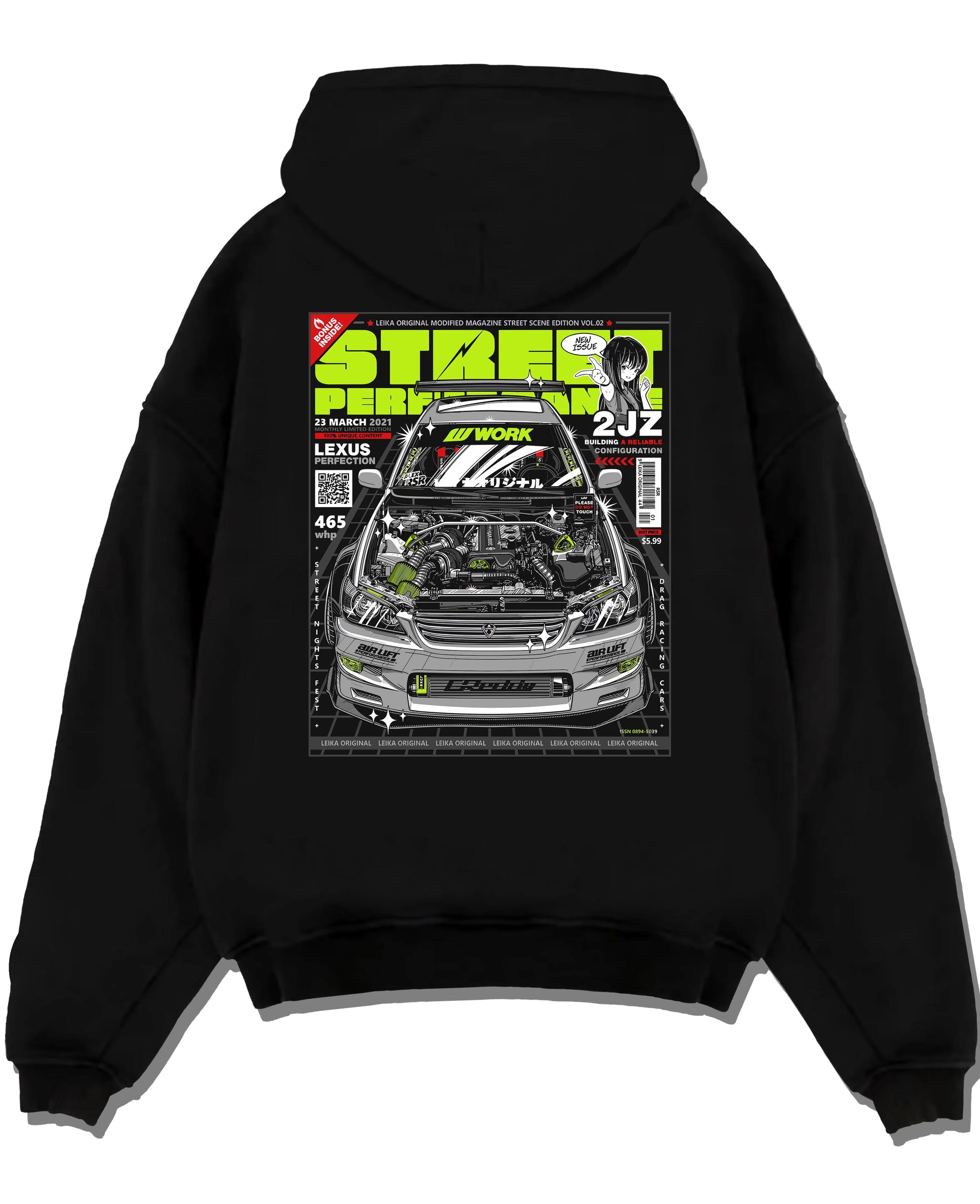 Black pullover hoodie laid flat on a white background, featuring Lexus rs racing drift tuner street enthusiast performance graphic.