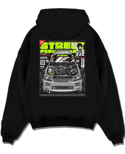 Black pullover hoodie laid flat on a white background, featuring Lexus rs racing drift tuner street enthusiast performance graphic.