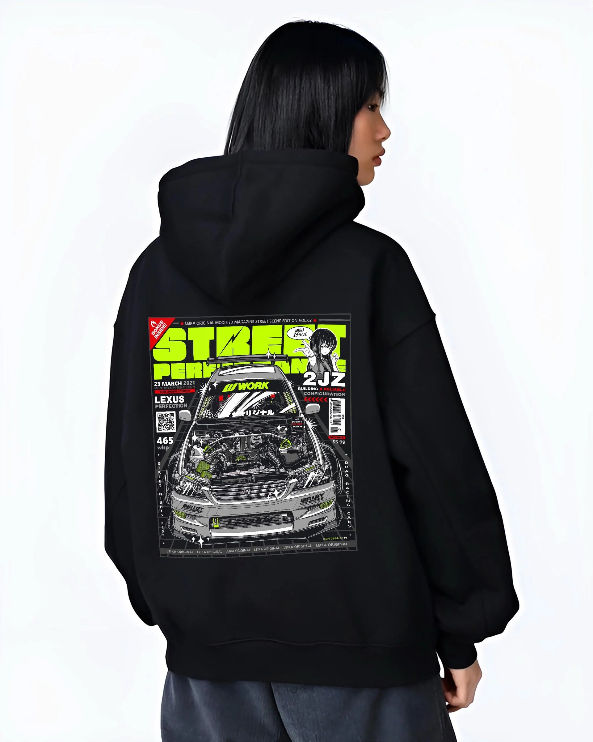 Black hoodie worn by a female model, back view, featuring Lexus rs racing drift tuner street enthusiast performance graphic.