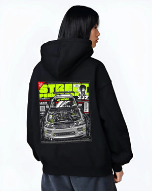 Black hoodie worn by a female model, back view, featuring Lexus rs racing drift tuner street enthusiast performance graphic.