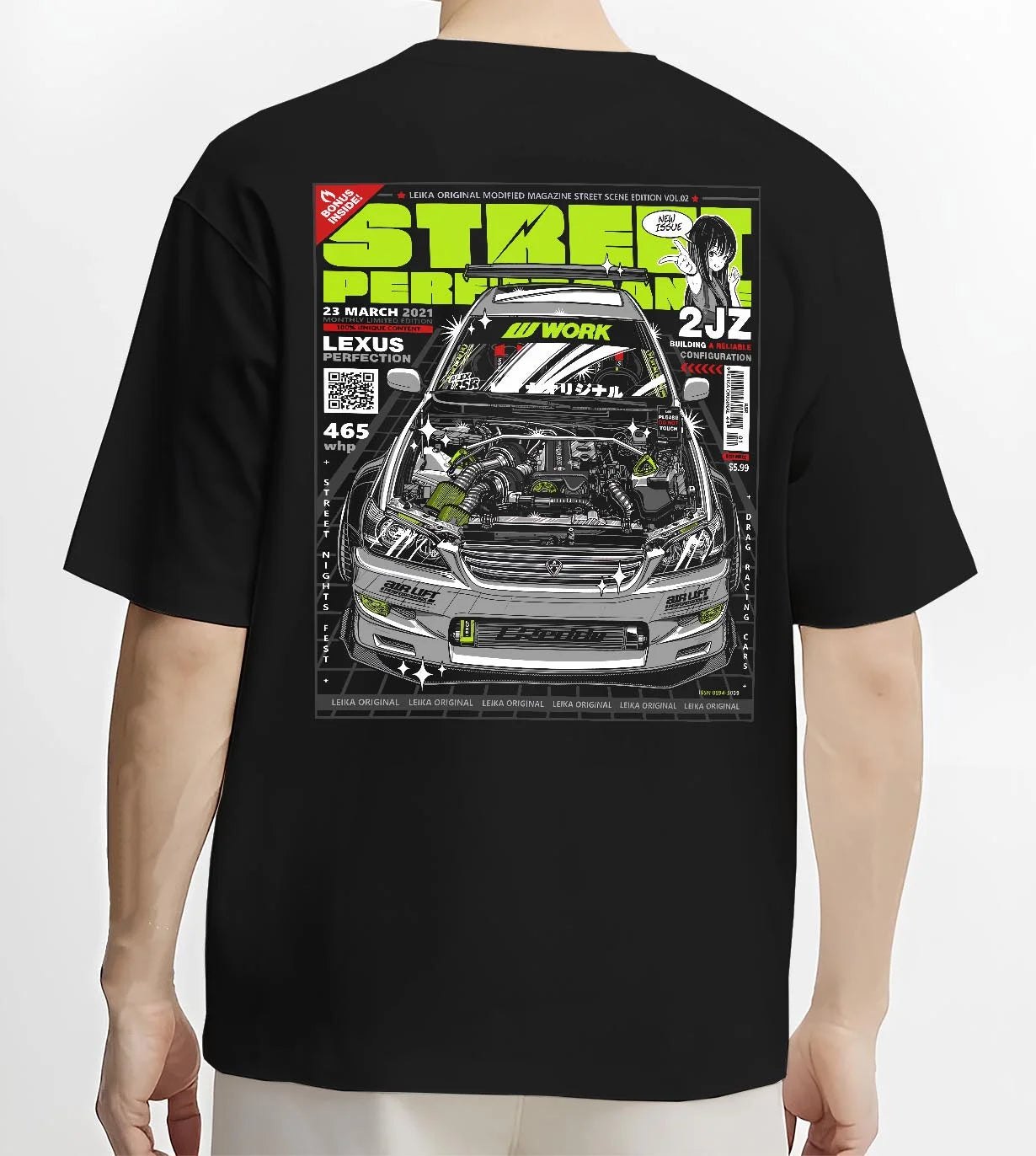 Black T-shirt worn by a male model, back view, featuring Lexus rs racing drift tuner street enthusiast performance graphic.