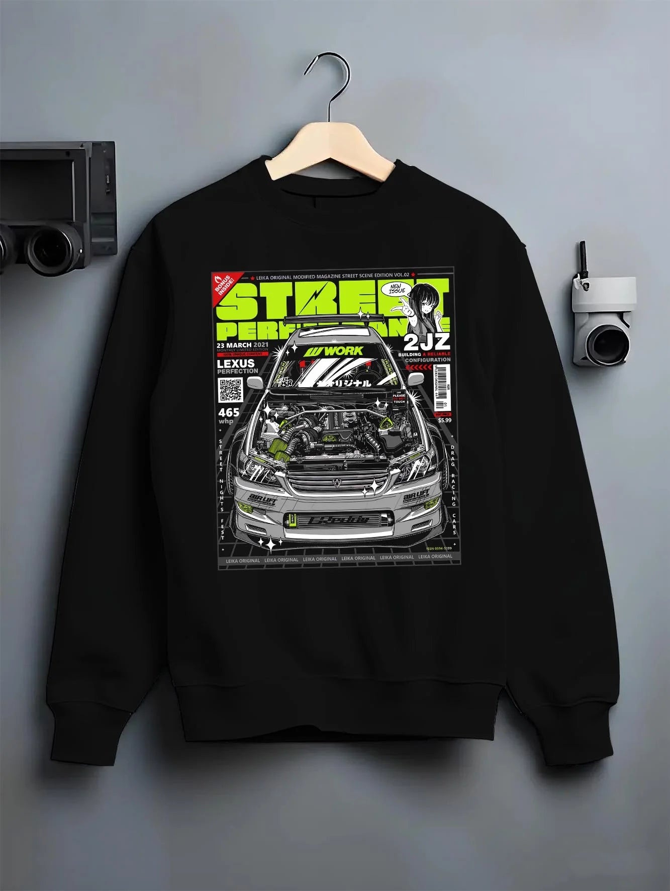 Black crewneck sweatshirt on a hanger against a grey wall, featuring Lexus rs racing drift tuner street enthusiast graphic.