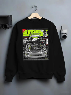 Black crewneck sweatshirt on a hanger against a grey wall, featuring Lexus rs racing drift tuner street enthusiast graphic.