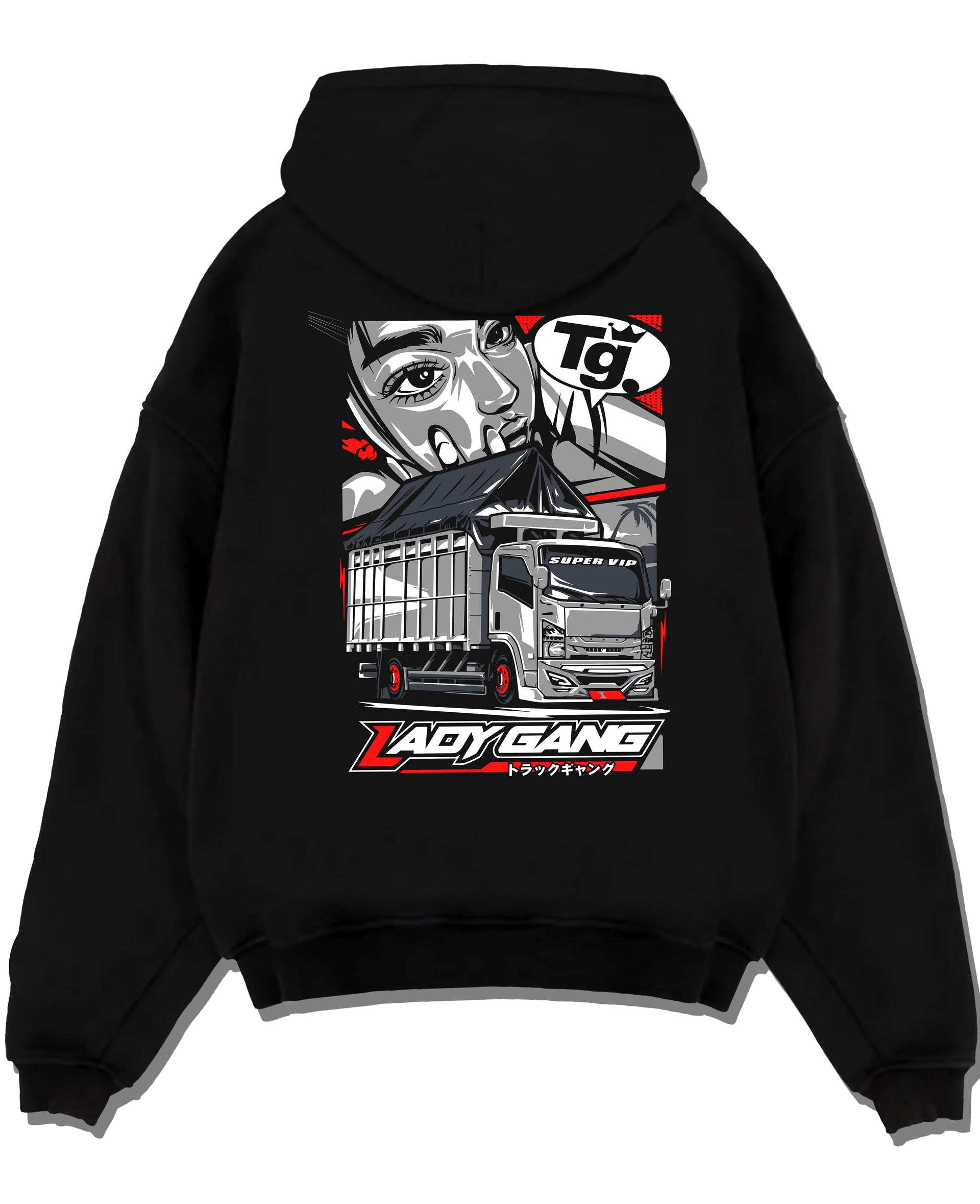 Black pullover hoodie laid flat on a white background, featuring japanese street enthusiast racing performance motorsport graphic.