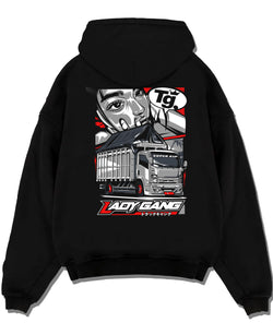 Black pullover hoodie laid flat on a white background, featuring japanese street enthusiast racing performance motorsport graphic.
