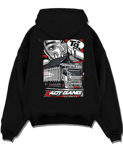 Black pullover hoodie laid flat on a white background, featuring japanese street enthusiast racing performance motorsport graphic.