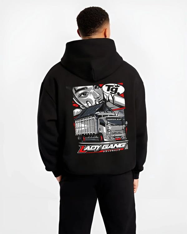 Black hoodie worn by a male model, back view, featuring japanese street enthusiast racing performance motorsport automotive graphic.