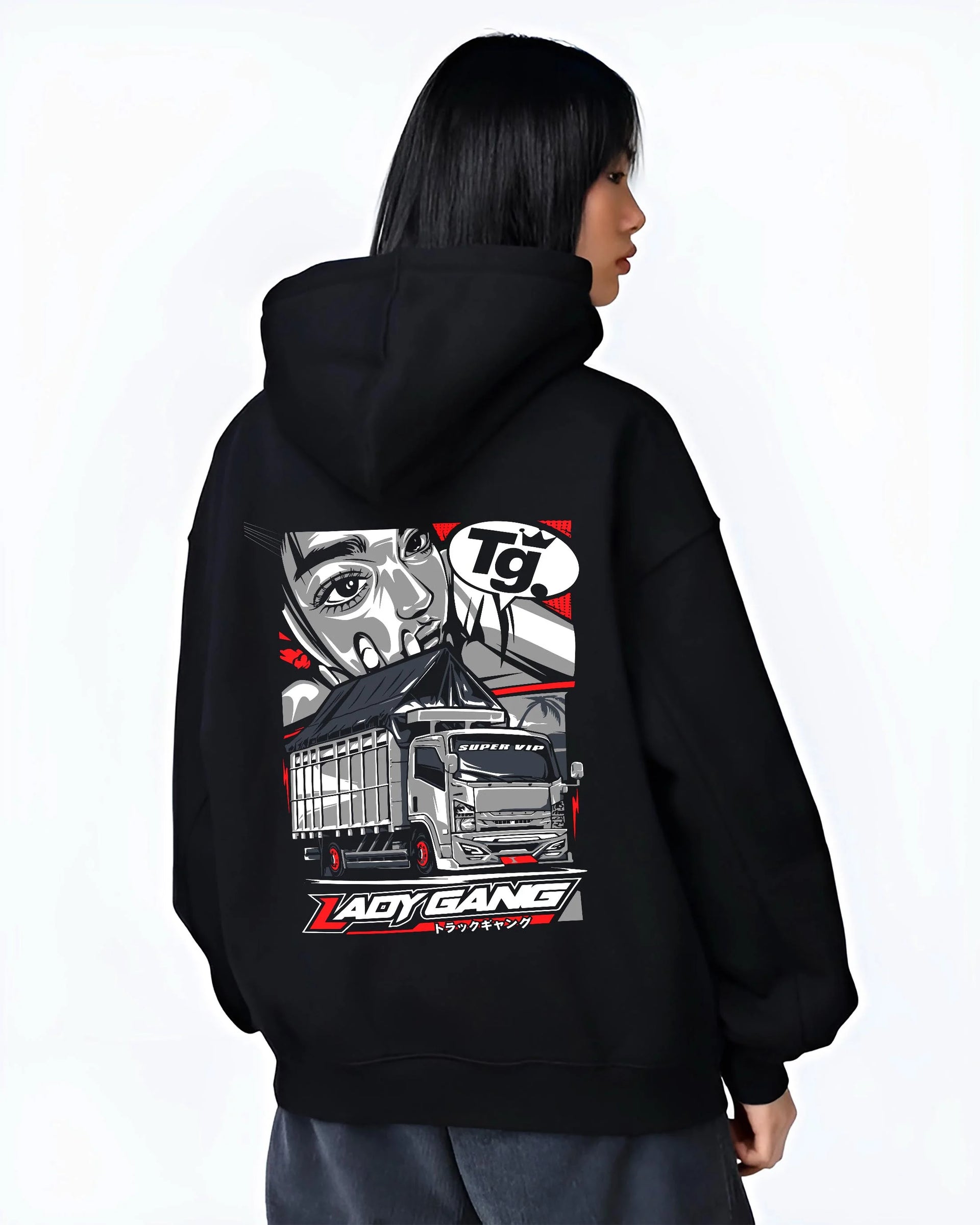 Black hoodie worn by a female model, back view, featuring japanese street enthusiast racing performance motorsport graphic.