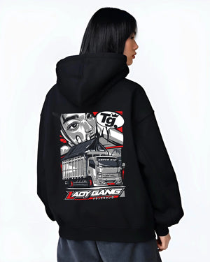 Black hoodie worn by a female model, back view, featuring japanese street enthusiast racing performance motorsport graphic.
