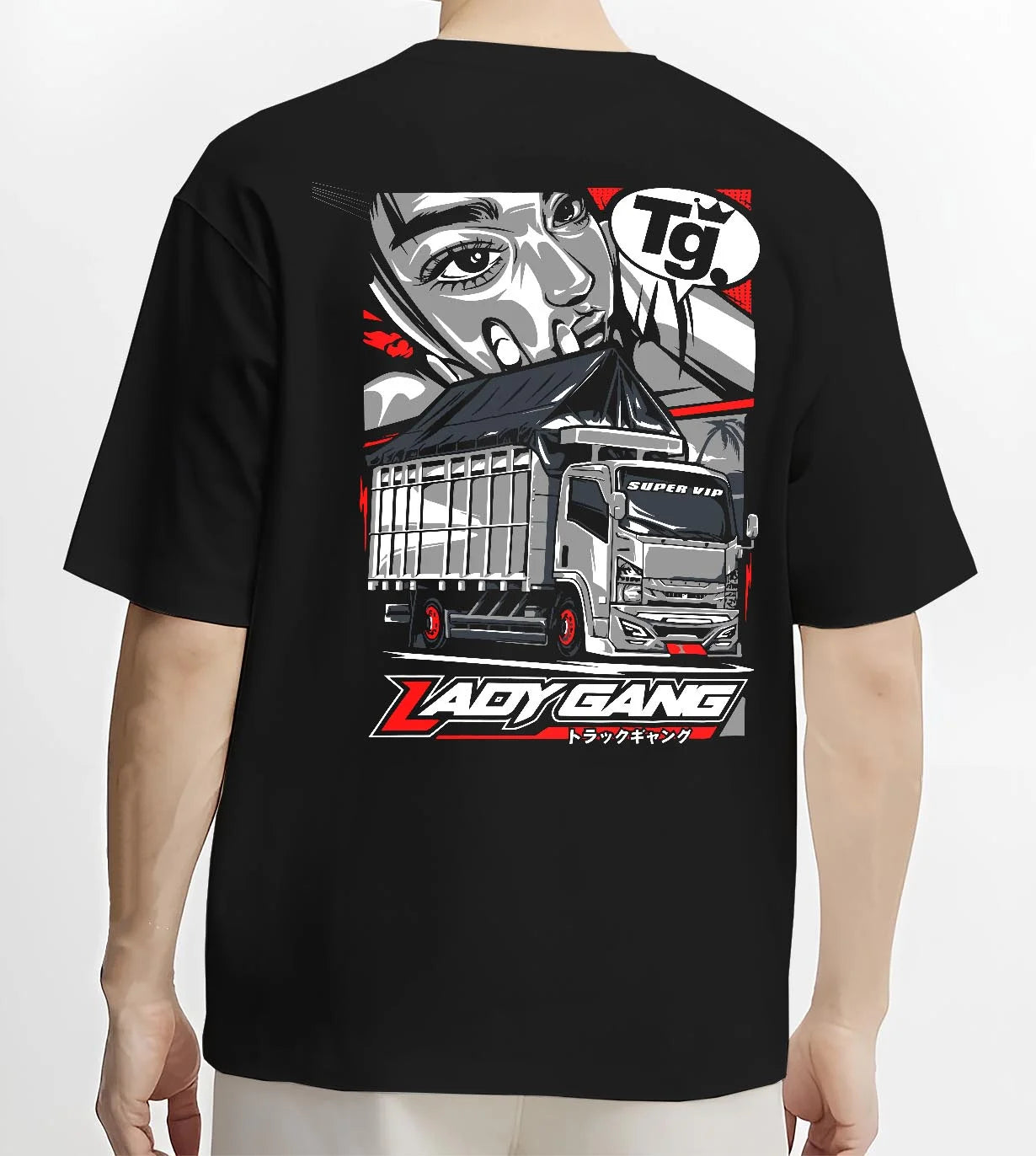 Black T-shirt worn by a male model, back view, featuring japanese street enthusiast racing performance motorsport graphic.