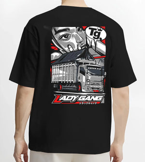 Black T-shirt worn by a male model, back view, featuring japanese street enthusiast racing performance motorsport graphic.