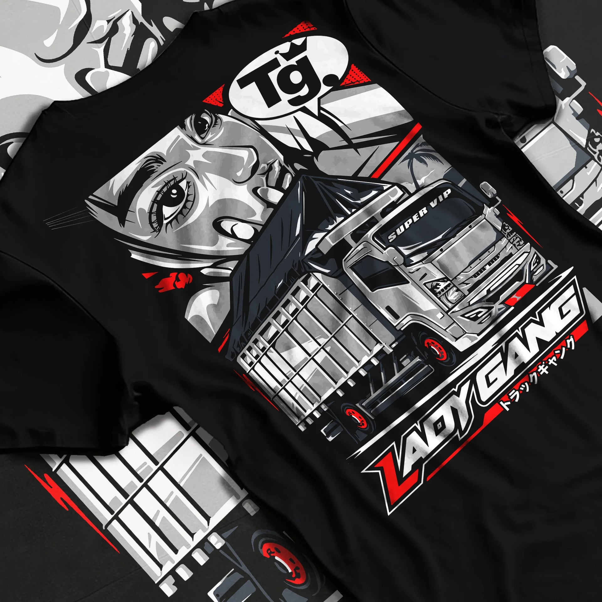Black T-shirt laid flat with natural fabric folds, featuring japanese street enthusiast racing performance motorsport graphic.