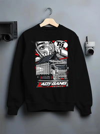 Black crewneck sweatshirt on a hanger against a grey wall, featuring japanese street enthusiast racing performance graphic.