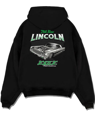 Black pullover hoodie laid flat on a white background, featuring tuner classic racing street performance motorsport graphic.