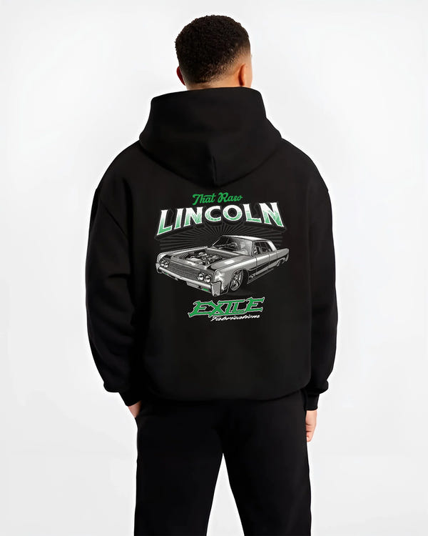 Black hoodie worn by a male model, back view, featuring tuner classic racing street performance motorsport automotive graphic.