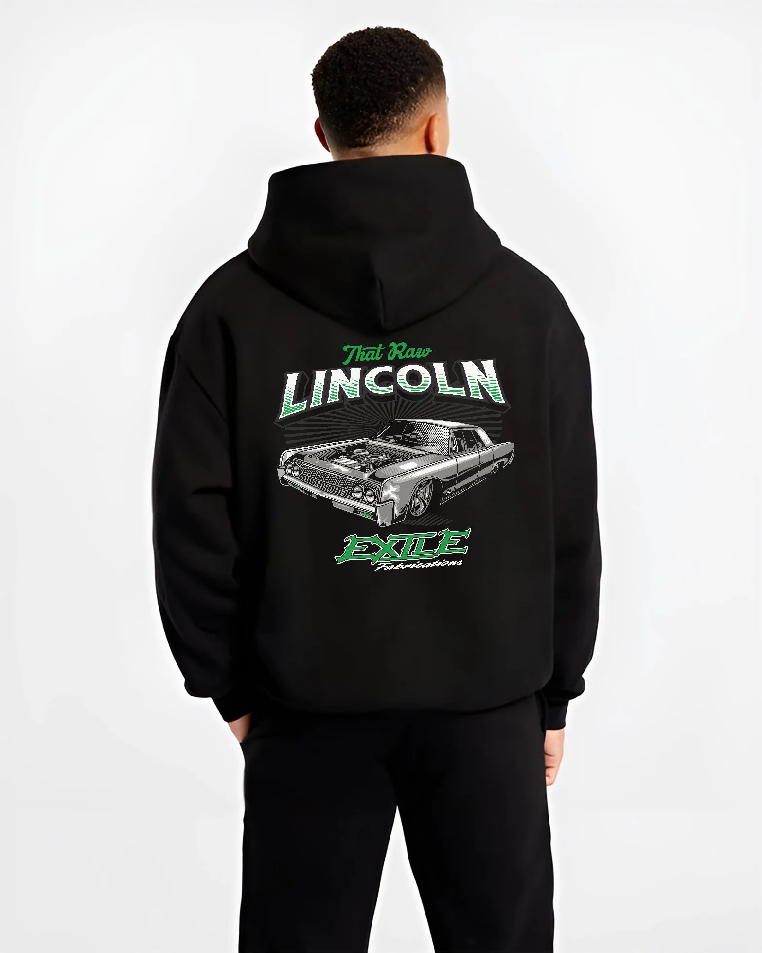 Black hoodie worn by a male model, back view, featuring tuner classic racing street performance motorsport automotive graphic.