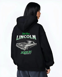 Black hoodie worn by a female model, back view, featuring tuner classic racing street performance motorsport automotive graphic.