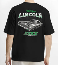 Black T-shirt worn by a male model, back view, featuring tuner classic racing street performance motorsport automotive graphic.
