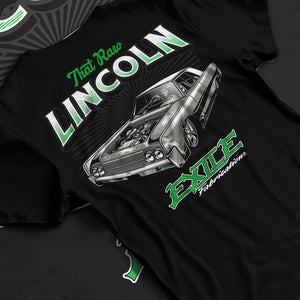 Black T-shirt laid flat with natural fabric folds, featuring tuner classic racing street performance motorsport automotive graphic.