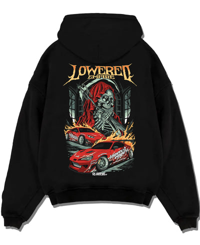 Black pullover hoodie laid flat on a white background, featuring rs racing drift lowered street performance motorsport graphic.