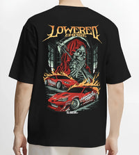 Black T-shirt worn by a male model, back view, featuring rs racing drift lowered street performance motorsport automotive graphic.