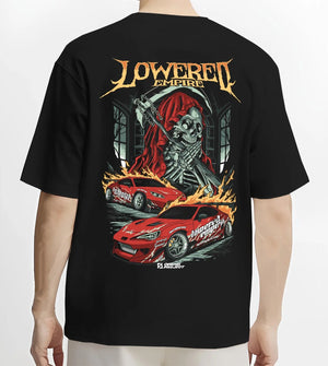 Black T-shirt worn by a male model, back view, featuring rs racing drift lowered street performance motorsport automotive graphic.