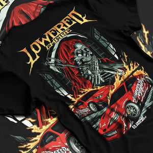 Black T-shirt laid flat with natural fabric folds, featuring rs racing drift lowered street performance motorsport graphic.