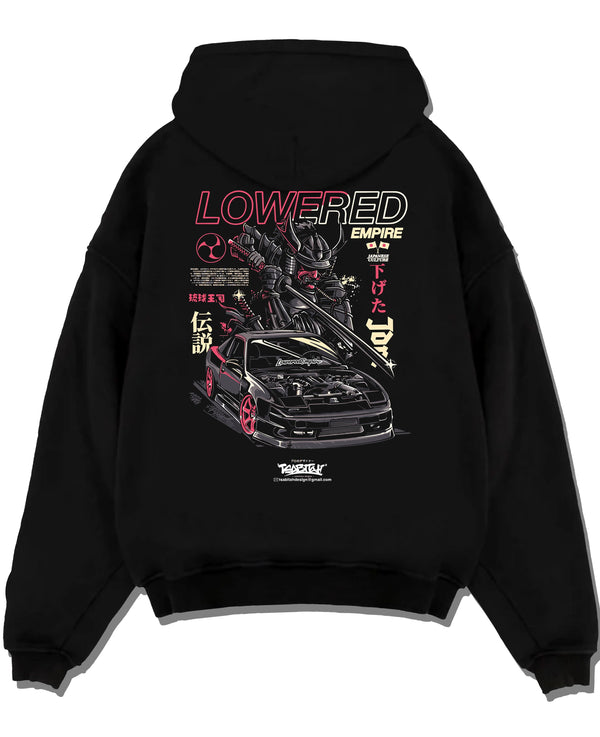 Black pullover hoodie laid flat on a white background, featuring drift drifting japanese tuner lowered street racing graphic.