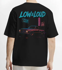 Black T-shirt worn by a male model, back view, featuring street retro classic racing performance motorsport automotive graphic.