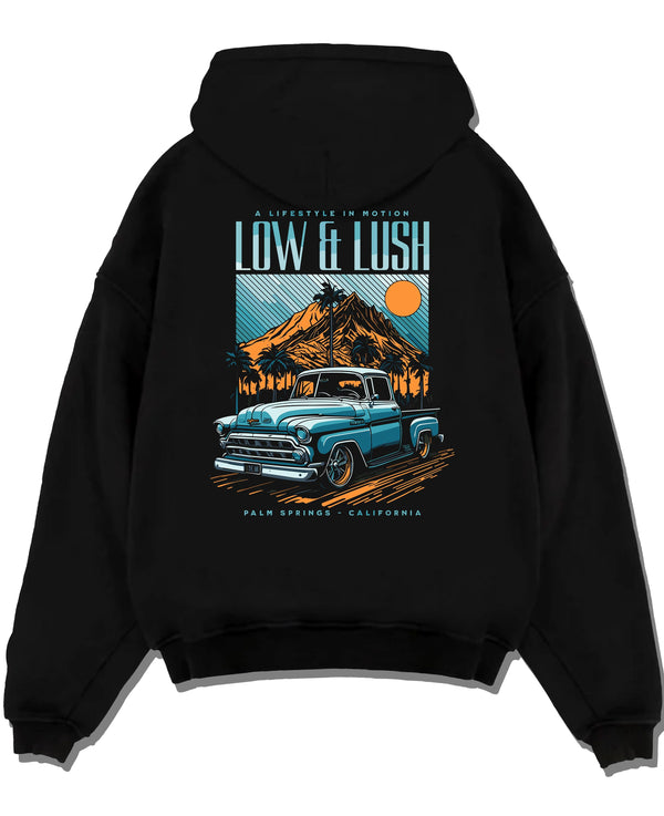 Black pullover hoodie laid flat on a white background, featuring Chevrolet retro classic racing street performance graphic.