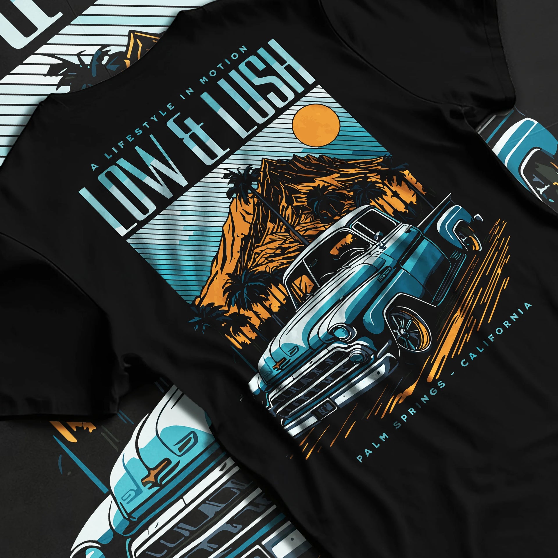 Black T-shirt laid flat with natural fabric folds, featuring Chevrolet retro classic racing street performance motorsport graphic.