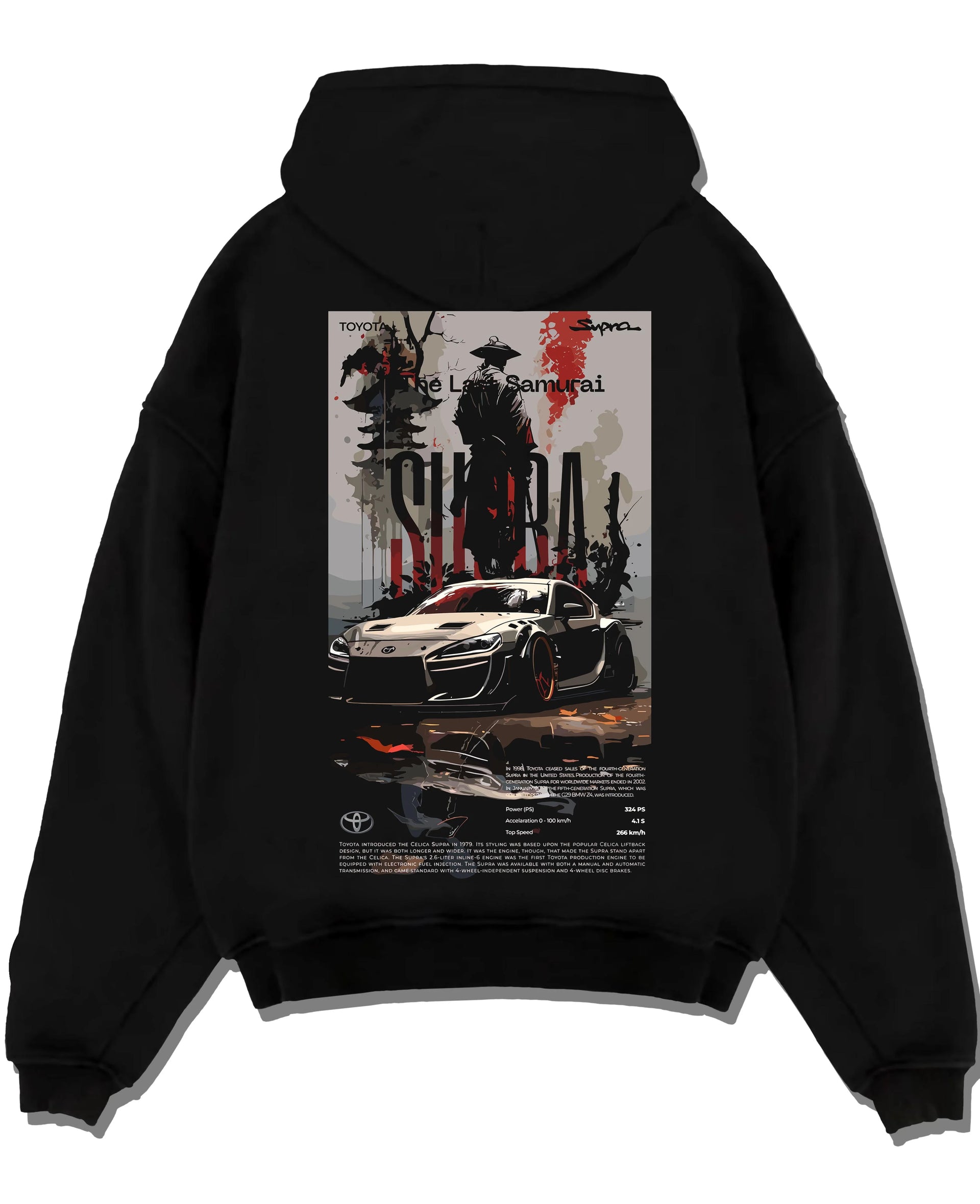 Black pullover hoodie laid flat on a white background, featuring Toyota Supra racing jdm japanese tuning street enthusiast graphic.