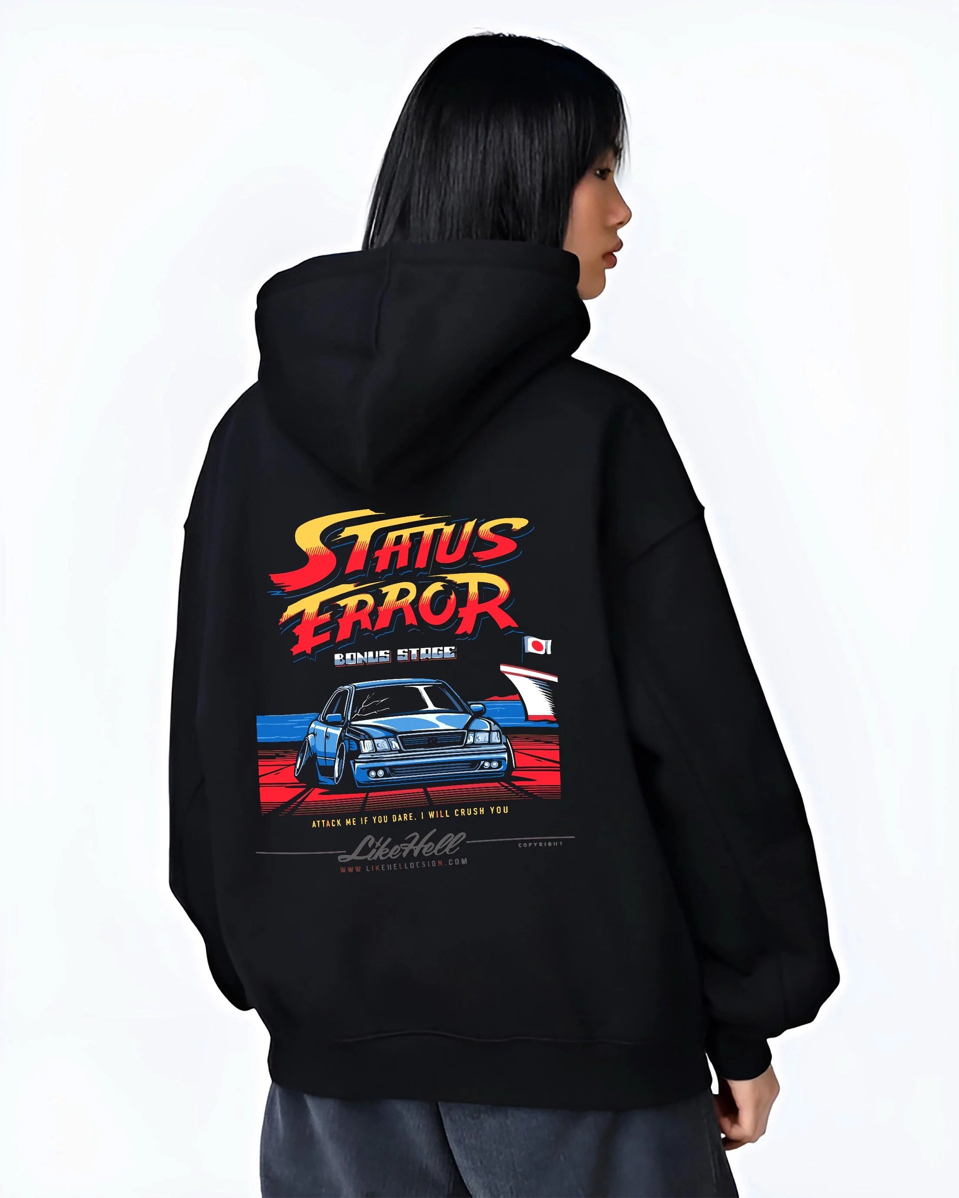 Black hoodie worn by a female model, back view, featuring Lexus racing drift tuner street enthusiast performance motorsport graphic.