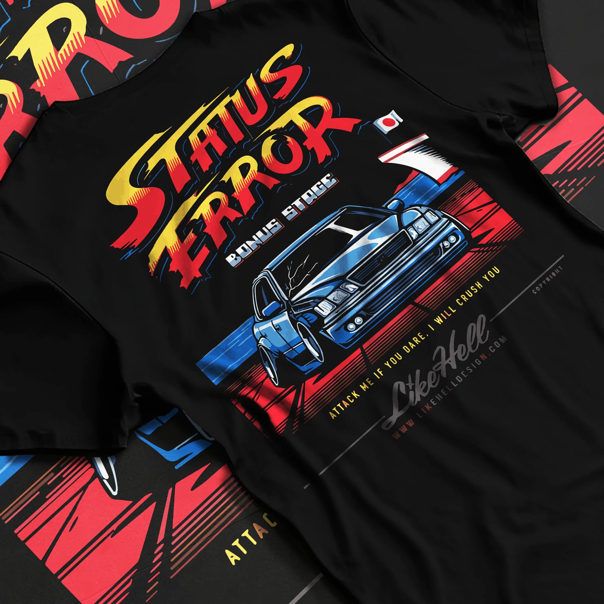 Black T-shirt laid flat with natural fabric folds, featuring Lexus racing drift tuner street enthusiast performance graphic.