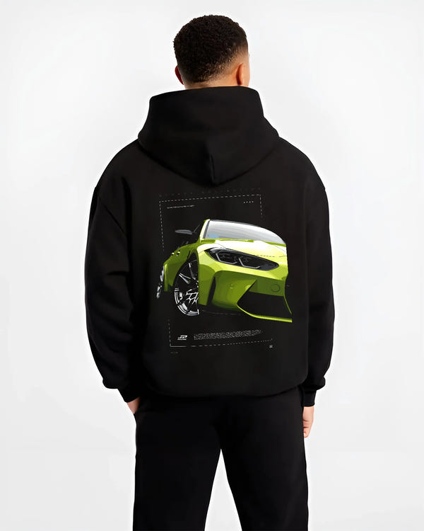 Black hoodie worn by a male model, back view, featuring BMW M3 rs turbo racing motorsport german street graphic.