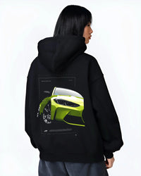 Black hoodie worn by a female model, back view, featuring BMW M3 rs turbo racing motorsport german street graphic.