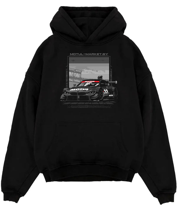 Black pullover hoodie laid flat on a white background, featuring BMW M4 rs turbo racing motorsport german street graphic.