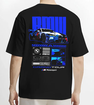 Black T-shirt worn by a male model, back view, featuring BMW M4 gt3 rs turbo racing motorsport german street graphic.