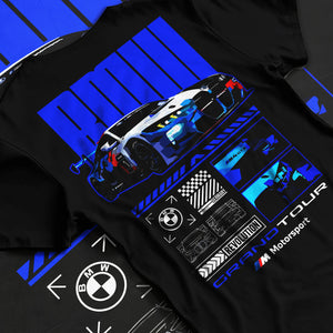 Black T-shirt laid flat with natural fabric folds, featuring BMW M4 gt3 rs turbo racing motorsport german street graphic.