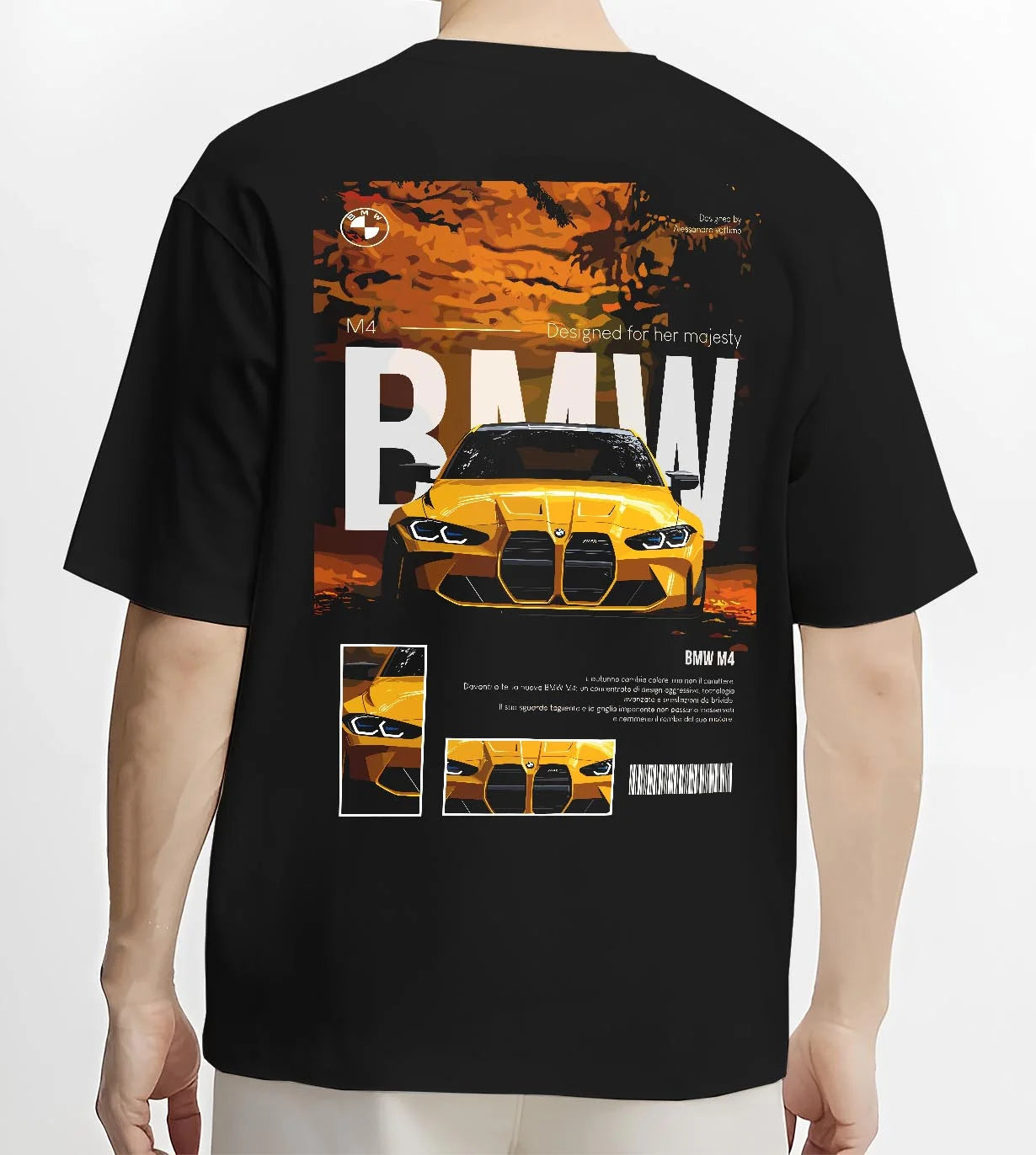 Black T-shirt worn by a male model, back view, featuring BMW M4 racing drift street performance motorsport automotive graphic.