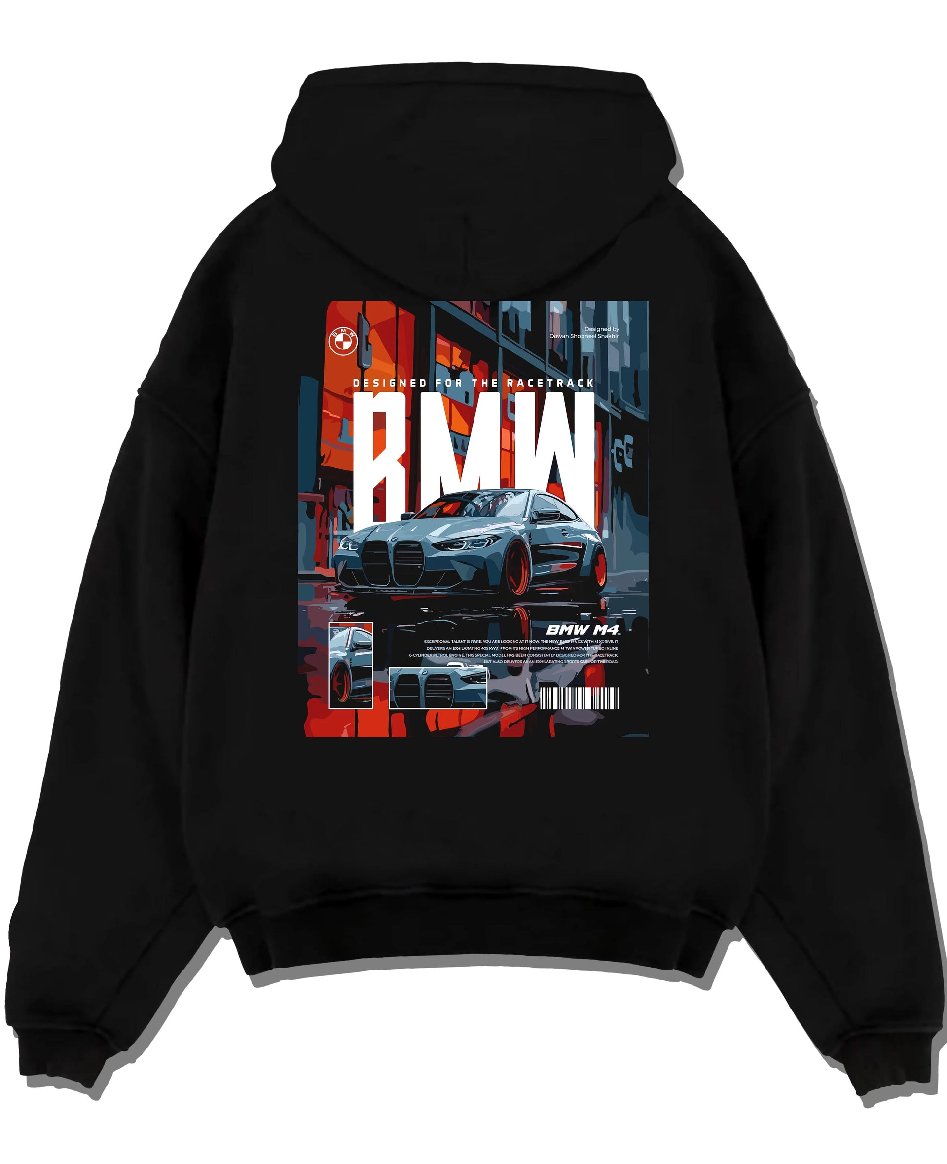 Black pullover hoodie laid flat on a white background, featuring BMW M4 rs turbo racing motorsport track german street graphic.